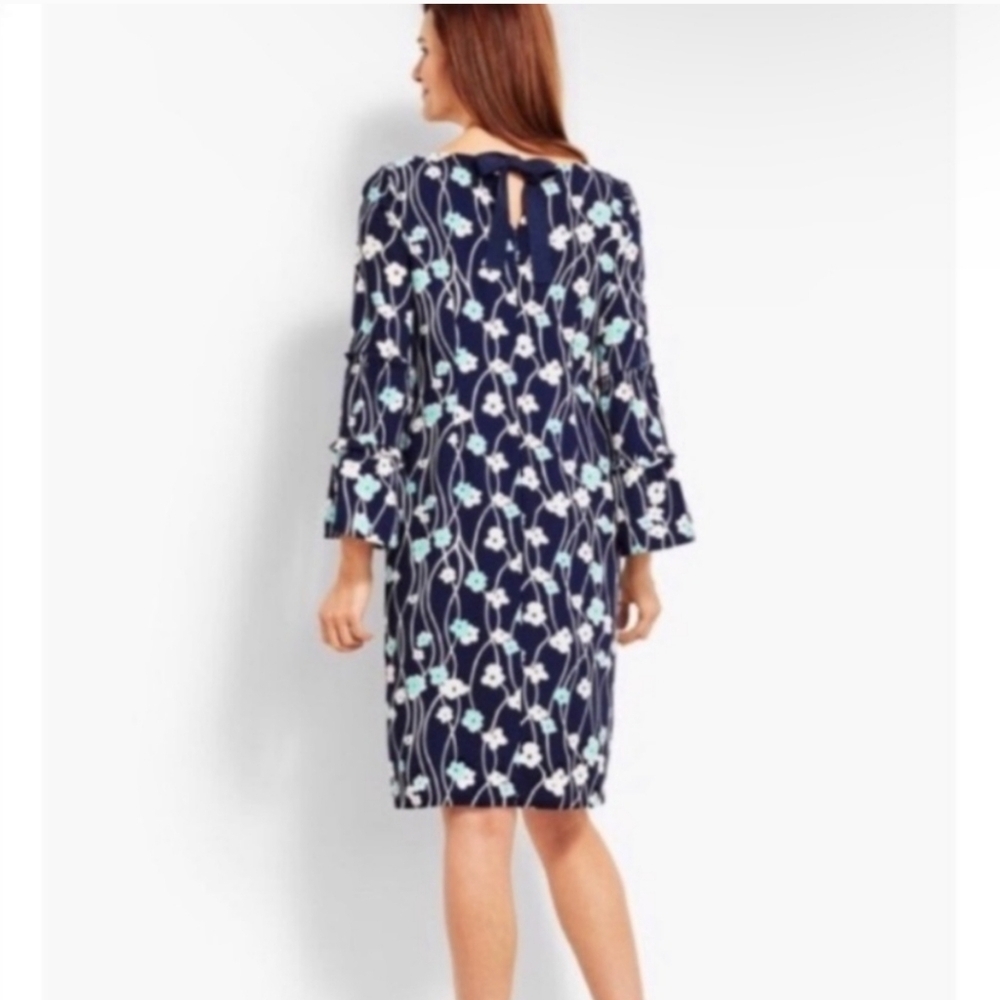 Talbots Blossom Blue Floral Pattern Shift Dress With Bell Sleeves. Size 12P. - Picture 3 of 9